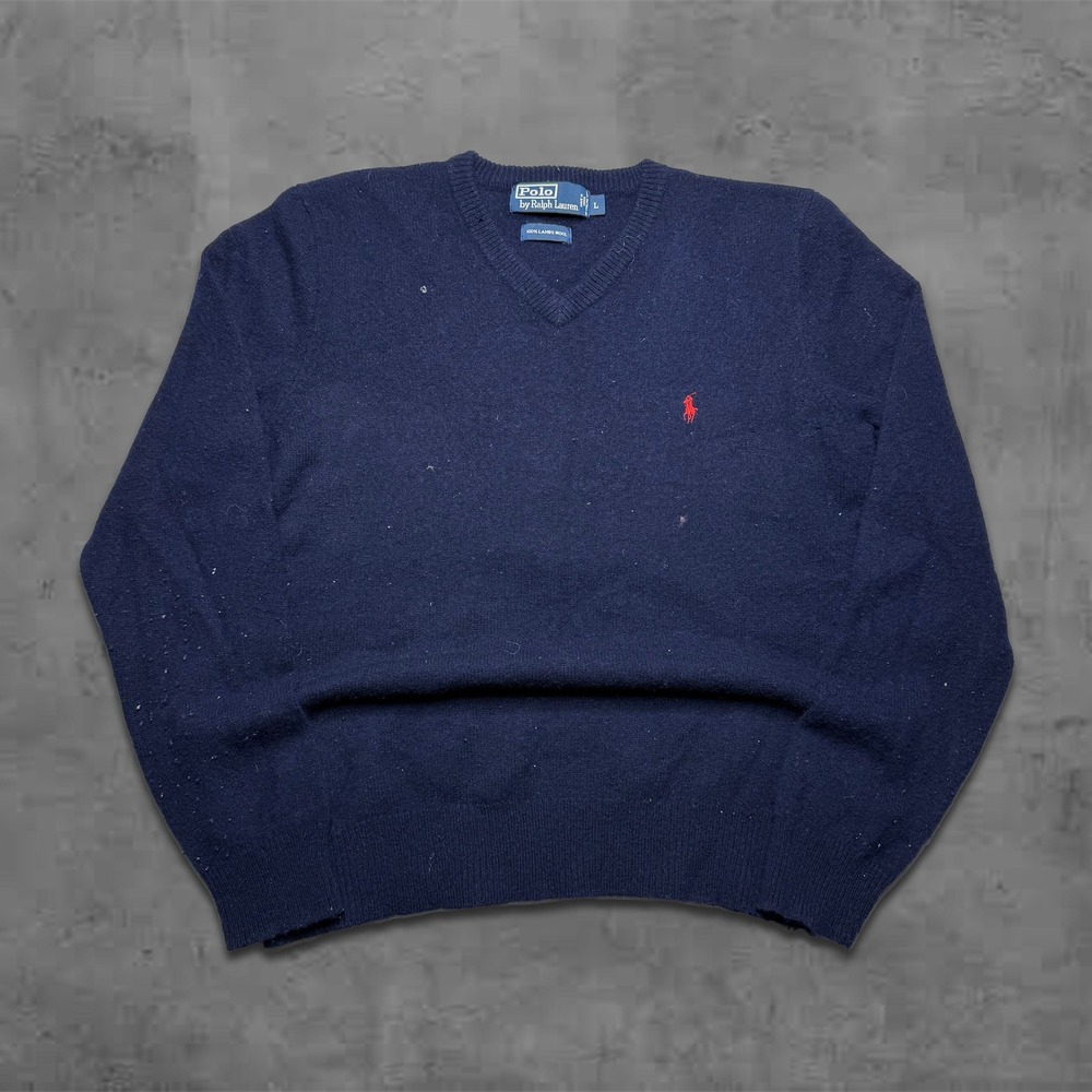 Vintage Relaxed Navy Polo Ralph Lauren Essential Lambswool V-Neck Sweater